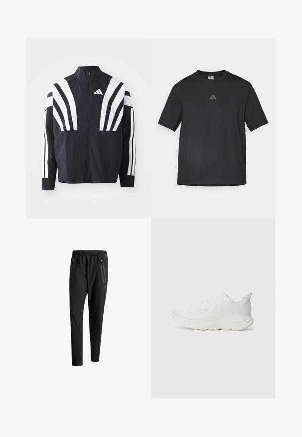 Veste noire avec un col montant, fermeture éclair sur toute la longueur et de larges rayures blanches diagonales sur les manches. Fabriquée en tissu léger avec une texture lisse.; T-shirt de sport noir en matériau respirant, à manches courtes, avec un col rond et un logo réfléchissant sur la poitrine.; Pantalons de sport noirs avec une taille élastique, deux poches latérales zippées, des jambes fuselées et un détail de logo subtil sur la hanche.; Baskets de course blanches avec un dessus en maille texturée, semelle épaisse et rembourrée, et logo en relief sur le côté. Design à lacets pour un ajustement sécurisé.
