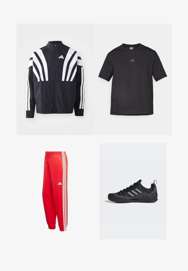 Zwarte jasje met een hoge kraag, volledige rits en gedurfde witte diagonale strepen op de mouwen. Gemaakt van lichtgewicht stof met een gladde textuur.; Zwart sport t-shirt van ademend materiaal, met korte mouwen, een ronde hals en een reflecterende logo op de borst.; Rode sportieve broek met witte zijstrepen, elastische tailleband met trekkoord, manchetstoffen bij de enkels en het Adidas-logo in het wit op het linkerpantalon.; Zwarte sportschoenen met een bovenwerk van mesh, rubberen neuskap, grijze Adidas-strepen en een gestructureerde zool voor betere grip.