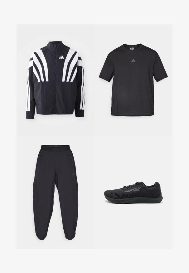 Svart jacka med hög krage, full dragkedja och djärva vita diagonala ränder på ärmarna. Tillverkad av lätt tyg med en slät struktur.; Svart atletisk t-shirt tillverkad av ett ventilerande material, med korta ärmar, rund hals och en reflexlogotyp på bröstet.; Svarta träningsbyxor med elastisk midja, fickor med dragkedja på sidan, avsmalnande ben och en diskret logotyp på höger lår.; Svarta sportskor med ovandel i mesh, gummisula, rund tå och en elegant design. Har snörning och diskret logotypdetalj på sidan.