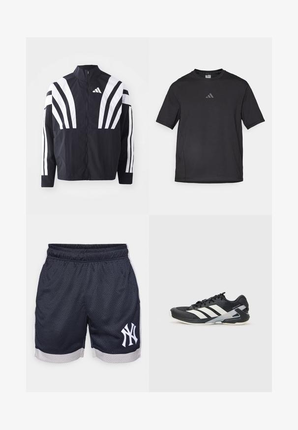 Črna jakna z visokim ovratnikom, popolnim zadrgo in boldnimi belimi diagonalnimi črtami na rokavih. Narejena iz lahkega materiala z gladko teksturo.; Črno atletsko majico iz zračnega materiala, ki ima kratke rokave, okroglo ovratnik in odsevni logotip na prsih.; Morska mrežasta športna kratka hlače z elastičnim pasom, belimi stranskimi poudarki ter izvezenim logotipom New York Yankees na levem stegnu.; Črne atletske čevlje z belimi črtami, mrežastim zgornjim delom, zaobljenim nosom in blaženim podplatom. Imajo teksturiran petni del in varen sistem vezalk.