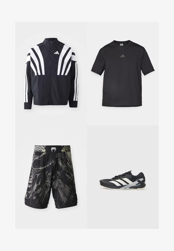 Veste noire avec un col montant, fermeture éclair sur toute la longueur et de larges rayures blanches diagonales sur les manches. Fabriquée en tissu léger avec une texture lisse.; T-shirt de sport noir en matériau respirant, à manches courtes, avec un col rond et un logo réfléchissant sur la poitrine.; Shorts noirs avec un imprimé graphique multicolore présentant des motifs mécaniques. Taille élastique avec un logo à l'arrière. Tissu léger.; Chaussure de sport noire avec des rayures blanches, tige en mesh, bout arrondi et semelle rembourrée. Comprend un talon texturé et un système de laçage sécurisé.