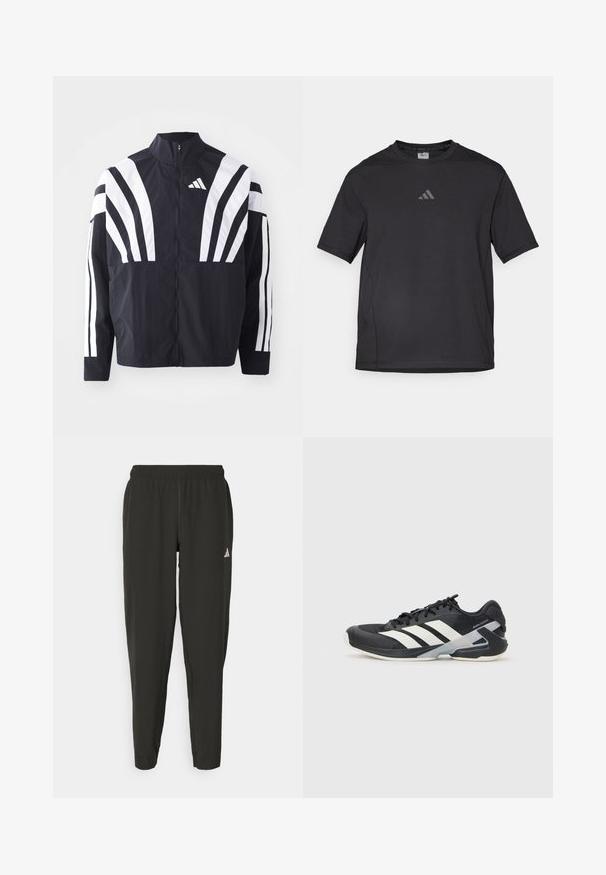 Zwarte jasje met een hoge kraag, volledige rits en gedurfde witte diagonale strepen op de mouwen. Gemaakt van lichtgewicht stof met een gladde textuur.; Zwart sport t-shirt van ademend materiaal, met korte mouwen, een ronde hals en een reflecterende logo op de borst.; Zwarte sportbroek met een elastische tailleband, slim fit en een wit logo op het linkerbeen. Soepele, lichte stof.; Zwarte sportschoen met witte strepen, bovenwerk van mesh, ronde neus en geveerde zool. Heeft een getextureerde hak en een veilig vetersysteem.