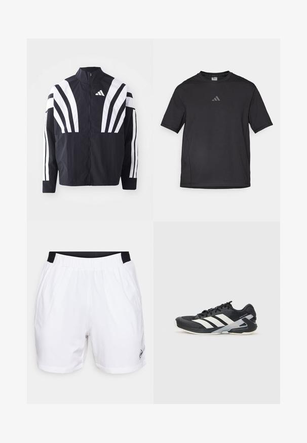 Chaqueta negra con cuello alto, cremallera completa y llamativas franjas diagonales blancas en las mangas. Fabricada en tejido ligero con una textura suave.; Camiseta deportiva negra hecha de material transpirable, con mangas cortas, cuello redondo y un logo reflectante en el pecho.; Shorts deportivos blancos con una cinturilla elástica negra, bolsillos laterales y un pequeño logo en la parte inferior derecha. Textura suave.; Zapatilla deportiva negra con franjas blancas, parte superior de malla, punta redondeada y suela acolchada. Presenta un talón texturizado y un sistema de cordones seguro.