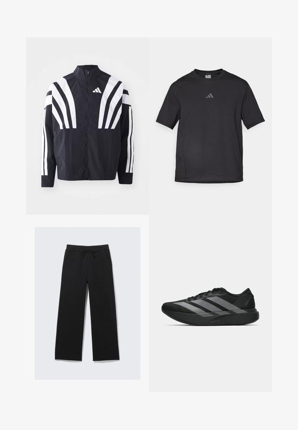 Casaco preto com colarinho alto, fecho completo e listras diagonais brancas em bold nas mangas. Feito de um tecido leve com uma textura suave.; T-shirt atlético preto feito de material respirável, com mangas curtas, decote redondo e um logótipo refletor no peito.; Calças de moletão largas e pretas, feitas de um tecido suave. Possui uma cintura elástica com cordão e bolsos laterais. Textura lisa.; Sapatilhas desportivas pretas com um design leve, apresentando três faixas cinzas proeminentes, uma textura suave e uma sola contornada.