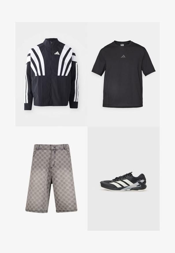Schwarze Jacke mit hohem Kragen, durchgehendem Reißverschluss und kräftigen weißen diagonalen Streifen an den Ärmeln. Aus leichtem Stoff mit glatter Textur gefertigt.; Schwarzes Sport-T-Shirt aus atmungsaktivem Material, mit kurzen Ärmeln, rundem Ausschnitt und einem reflexiven Logo auf der Brust.; Graue Denim-Shorts mit einem kreisförmigen Muster, klassischem Fünf-Taschen-Design und sichtbaren Nähakzenten.; Schwarzer Sportschuh mit weißen Streifen, Obermaterial aus Mesh, runde Zehenform und gepolstertem Sohlenteil. Verfügt über eine strukturierte Ferse und ein sicheres Schnürsystem.