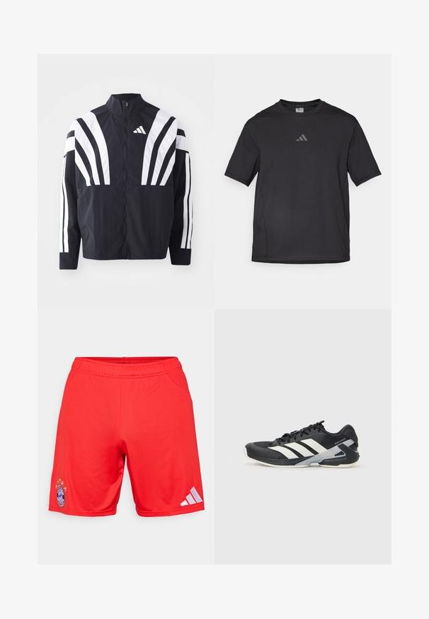 Svart jakke med høy krage, hel glidelås og markante hvite skråstriper på ermene. Laget av lett stoff med en glatt tekstur.; Svart atletisk t-skjorte laget av pustende materiale, med korte ermer, rund hals og et reflekterende logo på brystet.; Røde treningshorts laget av glatt stoff, med et brodert logo og fem stjerner over, med hvite Adidas-striper på siden.; Svart treningssko med hvite striper, mesh-overdel, avrundet tå og polstret såle. Har en teksturert hæl og et sikkert snøresystem.