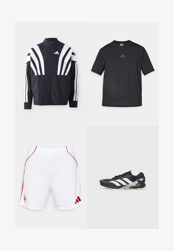 Melna jakas ar augstu apkakli, pilnu rāvējslēdzēju un drosmīgām baltām diagonālām svītrām uz piedurknēm. Izgatavota no viegla auduma ar gludu tekstūru.; Melnā sporta T-krekls no elpojoša materiāla, ar īsām piedurknēm, apaļu apkakli un atstarojošu logotipu uz krūtīm.; Baltas sporta šorts ar sarkaniem sānu akcentiem, elastīga josta, ar izšūtu komandas logo un Adidas logo apakšmalā.; Melnas sporta kurpes ar baltām svītrām, acs augšdaļa, noapaļots pirksts un mīksts zole. Iespējams ar teksturētu papēdi un drošu šņoru sistēmu.