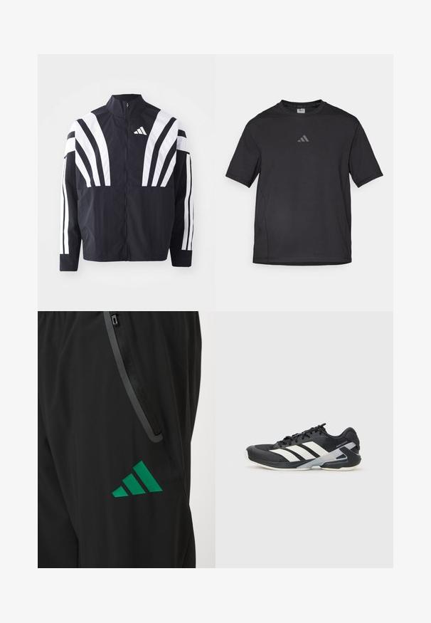 Jachetă neagră cu guler înalt, fermoar complet și dungi diagonale albe îndrăznețe pe mâneci. Fabricată dintr-un material ușor, cu o textură netedă.; Tricou sport negru din material respirabil, cu mâneci scurte, guler rotund și un logo reflectorizant pe piept.; Pantaloni sport negri dintr-un material neted, cu un logo verde Adidas și o buzunar cu fermoar, având margine în contrast.; Pantofii sport negri cu dungi albe, superior din plasă, vârf rotunjit și talpă îmbunătățită pentru amortizare. Au o călcătură texturată și un sistem de șireturi securizat.
