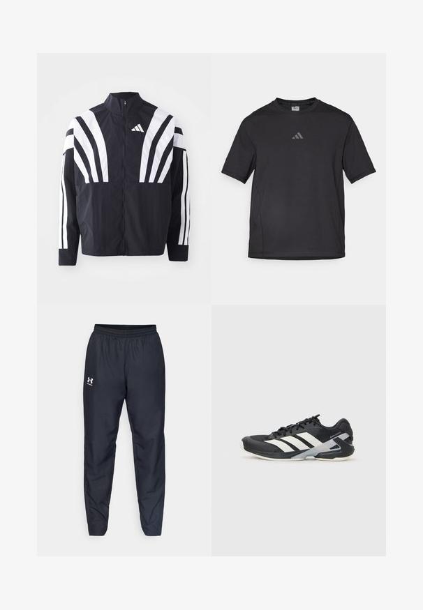 Fekete dzseki magas gallérral, teljes cipzárral és merész, fehér, átlós csíkokkal az ujjakon. Könnyű anyagból készült, sima tapintással.; Fekete sport póló lélegző anyagból, rövid ujjú, kerek nyakkal és fényvisszaverő logóval a mellkasán.; Fekete sportnadrág, elasztikus derékkal, szűkülő lábszárral és fehér logóval az oldalon. Könnyű, tartós anyagból készült.; Fekete sportcipő fehér csíkokkal, hálós felsőrész, kerek orr és párnázott talp. Texturált sarokkal és biztonságos fűzőrendszerrel rendelkezik.