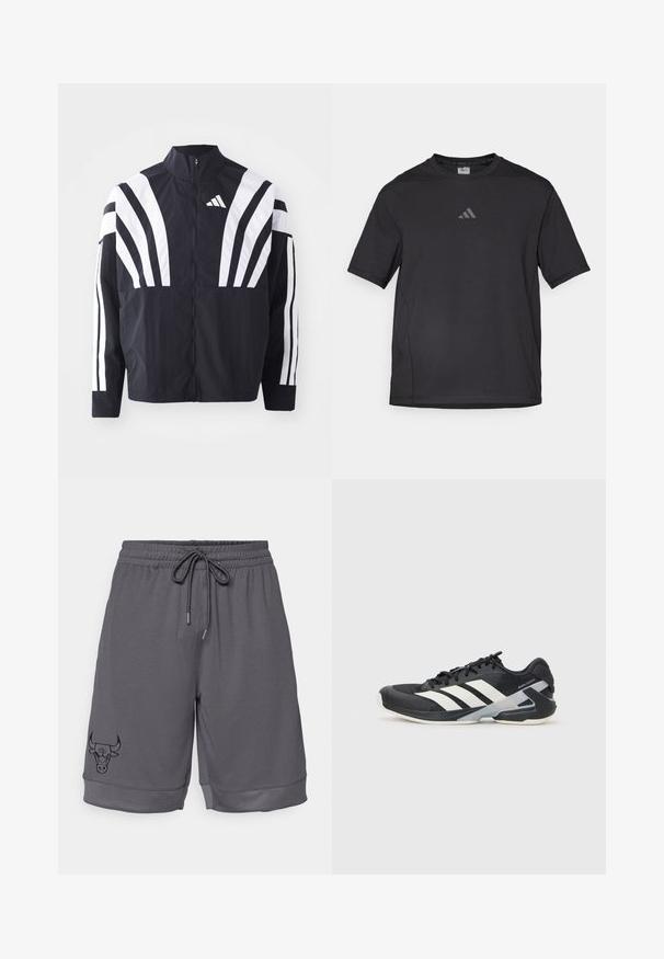 Juodas švarkas su aukštu kaklu, pilnu užtrauktuku ir ryškiomis baltomis įstrižomis juostelėmis ant rankovių. Pagamintas iš lengvos medžiagos su lygiu paviršiumi.; Juodas sportinis marškinėlis pagamintas iš kvėpuojančios medžiagos, su trumpomis rankovėmis, apvaliu kaklu ir atspindinčiu logotipu ant krūtinės.; Pilki sportiniai šortai, pagaminti iš tekstūruoto audinio. Turi elastinę juosmenį su raišteliu ir juodą buliuko logotipą kairėje pusėje.; Juoda sportinė avalynė su baltais dryžiais, tinklinis viršus, apvalus pirštas ir paminkštinta padais. Yra tekstūruota kulno dalis ir saugi raištelių sistema.