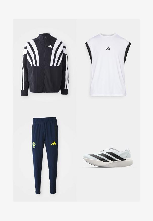 Black jacket featuring a high collar, full zip, and bold white diagonal stripes on sleeves. Made from lightweight fabric with a smooth texture.; White athletic tank top with black shoulder accents. Features a round neckline and a small black logo on the front. Smooth fabric texture.; Navy blue athletic pants with Sweden national team logo on left thigh and yellow Adidas logo on right thigh, featuring zippered side pockets.; Lightweight running shoes in pale blue with black stripes. Features a smooth upper, round toe, and thick white midsole labeled "LIGHTSTRIKE PRO."