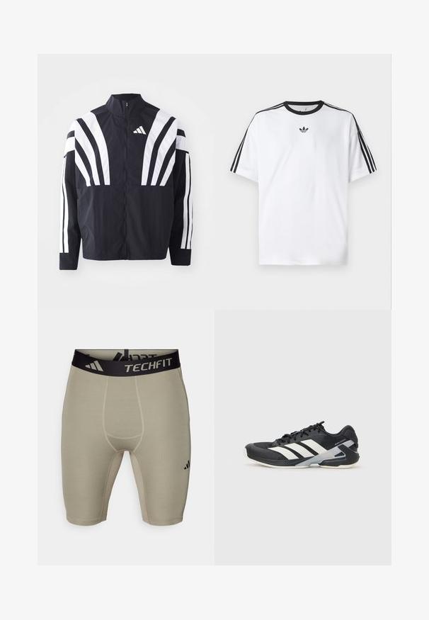 Svart jakke med høy krage, hel glidelås og markante hvite skråstriper på ermene. Laget av lett stoff med en glatt tekstur.; Hvit T-skjorte laget av bomull, med svart rund hals og tre svarte striper på hver skulder. Liten svart logo på brystet.; adidas Performance BASE SHORT - Tights - silver pebble; Svart treningssko med hvite striper, mesh-overdel, avrundet tå og polstret såle. Har en teksturert hæl og et sikkert snøresystem.