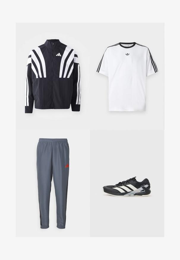 Black jacket featuring a high collar, full zip, and bold white diagonal stripes on sleeves. Made from lightweight fabric with a smooth texture.; White T-shirt made of cotton, featuring a black round neckline and three black stripes on each shoulder. Small black logo on the chest.; Gray athletic pants with an elastic waistband, tapered shape, black side stripes, and a red Adidas logo on the left thigh.; Black athletic shoe with white stripes, mesh upper, rounded toe, and cushioned sole. Features a textured heel and secure lacing system.