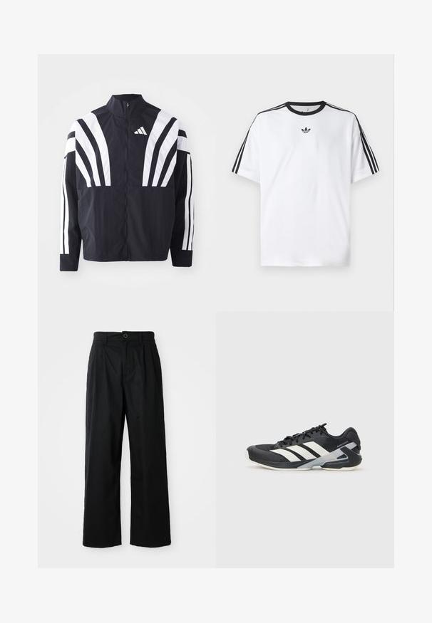 Čierna bunda s vysokým golierom, plným zipsom a výraznými bielymi diagonálnymi pruhmi na rukávoch. Vyrobená z ľahkého materiálu s hladkou textúrou.; Biela tričko vyrobené z bavlny, so čiernym okrúhlym výstrihom a tromi čiernymi pruhmi na každom pleci. Malé čierne logo na hrudi.; Čierne široké nohavice z bavlny s hladkou textúrou, s predným zapínaním na gombík a dvoma bočnými vreckami.; Čierna športová obuv s bielymi pruhmi, sieťovinový zvršok, zaoblená špička a polstrovaná podrážka. Obsahuje štruktúrovaný opätok a bezpečný systém šnurovania.
