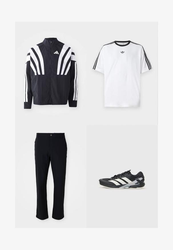 Fekete dzseki magas gallérral, teljes cipzárral és merész, fehér, átlós csíkokkal az ujjakon. Könnyű anyagból készült, sima tapintással.; Fehér pamut póló, fekete kerek nyakkal, mindkét vállán három fekete csíkkal. Kis fekete logó a mellkason.; Fekete nadrág, amely gombos záródással, egyenes lábbal, sima textúrával és oldalsó zsebekkel rendelkezik, különböző alkalmakhoz megfelelő.; Fekete sportcipő fehér csíkokkal, hálós felsőrész, kerek orr és párnázott talp. Texturált sarokkal és biztonságos fűzőrendszerrel rendelkezik.