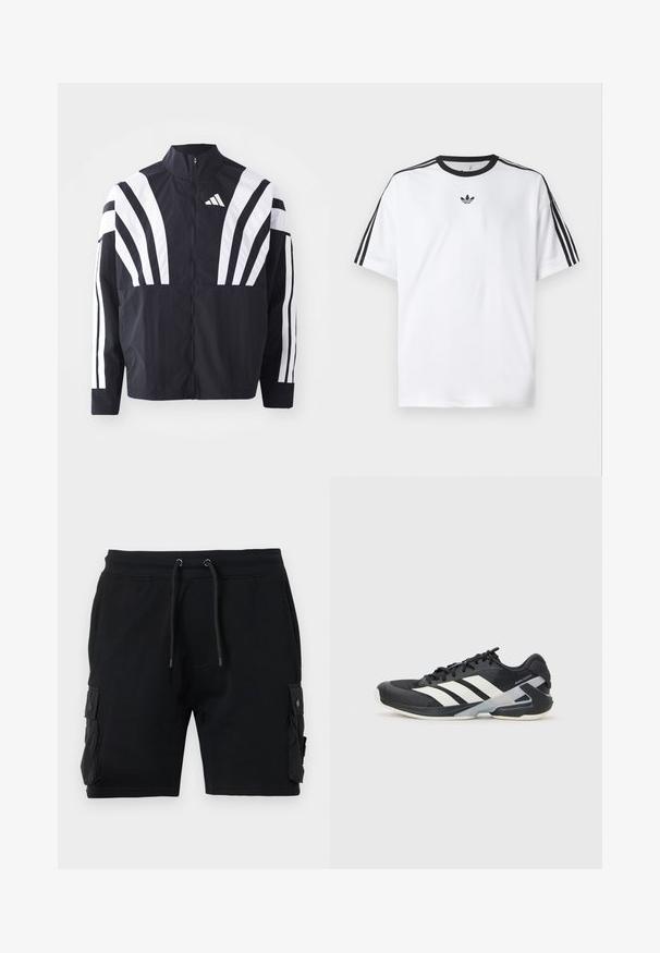 Chaqueta negra con cuello alto, cremallera completa y llamativas franjas diagonales blancas en las mangas. Fabricada en tejido ligero con una textura suave.; Camiseta blanca de algodón, con un cuello redondo negro y tres rayas negras en cada hombro. Pequeño logo negro en el pecho.; Shorts de carga negros confeccionados en una mezcla de algodón, con dos bolsillos laterales, cintura ajustable con cordón y una textura suave.; Zapatilla deportiva negra con franjas blancas, parte superior de malla, punta redondeada y suela acolchada. Presenta un talón texturizado y un sistema de cordones seguro.