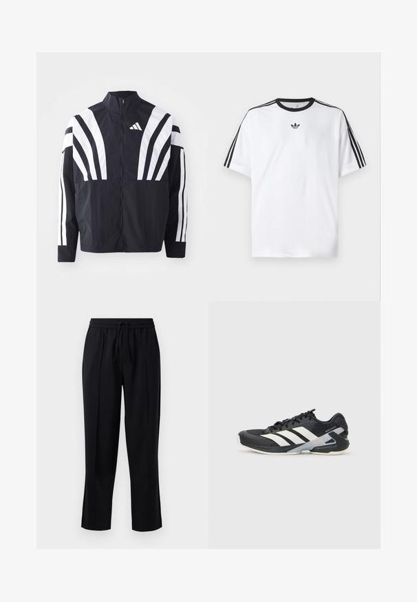 Mustrün mustaga, kõrge krae, täispikk tõmblukk ja julged valged diagonaalsed triibud varrukatel. Valmistatud kergest kangast, millel on sile tekstuur.; Valge puuvillane T-särk, millel on must ümmargune kaelus ja kolm musta triipu igal õlal. Rinnal väike must logo.; Mustad mustalgad püksid, mis on valmistatud pehmest ja kergest kangast. Omavad elastset vööd ja paela, sirget sääremoodi ning ees olevaid voldikuid.; Mustad sportlik jalanõud mustade värvidega, valgete triipudega, võrgusilma pealmine osa, ümar varvas ja pehme tallaga. Omab tekstureeritud kontsa ja kindlat paeltesüsteemi.