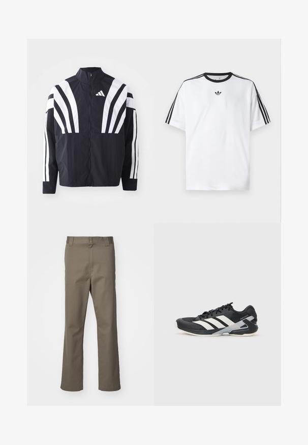 Schwarze Jacke mit hohem Kragen, durchgehendem Reißverschluss und kräftigen weißen diagonalen Streifen an den Ärmeln. Aus leichtem Stoff mit glatter Textur gefertigt.; Weißes T-Shirt aus Baumwolle mit einem schwarzen, runden Halsausschnitt und drei schwarzen Streifen auf jeder Schulter. Kleines schwarzes Logo auf der Brust.; Braune gerade geschnittene Hosen mit Gürtelschlaufen, Reißverschluss vorne und ohne sichtbare Taschen, auf einem weißen Hintergrund präsentiert.; Schwarzer Sportschuh mit weißen Streifen, Obermaterial aus Mesh, runde Zehenform und gepolstertem Sohlenteil. Verfügt über eine strukturierte Ferse und ein sicheres Schnürsystem.