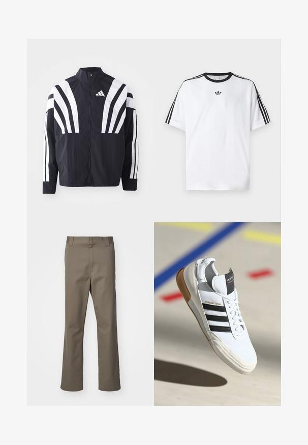 Črna jakna z visokim ovratnikom, popolnim zadrgo in boldnimi belimi diagonalnimi črtami na rokavih. Narejena iz lahkega materiala z gladko teksturo.; Bela majica iz bombaža z črnimi okroglimi izrezi in tremi črnimi črtami na vsakem ramu. Majhen črn logotip na prsih.; Rjavo ravne hlače z zankami za pas, sprednjim zadrgo in brez vidnih žepov, prikazane na belem ozadju.; Beli Adidas Mundial Goal športni copat z črnimi črtami in gumijastim podplatom, prikazan v zraku nad športnim igriščem z barvnimi črtami.