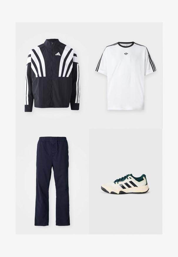 Svart jakke med høy krage, hel glidelås og markante hvite skråstriper på ermene. Laget av lett stoff med en glatt tekstur.; Hvit T-skjorte laget av bomull, med svart rund hals og tre svarte striper på hver skulder. Liten svart logo på brystet.; Mørkeblå bomullsbukser med elastisk midjebånd, rett ben-design og subtile sømdetaljer. Jevn tekstur, ingen synlige lommer.; Hvit og mørkegrønn atletisk joggesko med svarte striper, teksturert såle og snøring foran på en enkel lys grå bakgrunn.