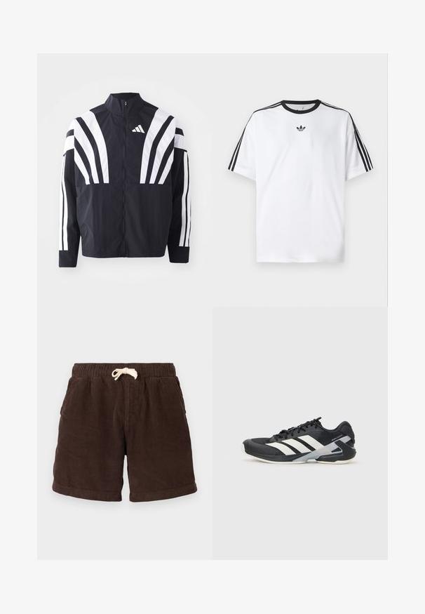 Veste noire avec un col montant, fermeture éclair sur toute la longueur et de larges rayures blanches diagonales sur les manches. Fabriquée en tissu léger avec une texture lisse.; T-shirt blanc en coton, doté d'un col rond noir et de trois rayures noires sur chaque épaule. Petit logo noir sur la poitrine.; Shorts en velours côtelé brun avec une taille élastique, une fermeture à cordon de serrage et des poches latérales. Le tissu présente un motif côtelé vertical et une finition texturée.; Chaussure de sport noire avec des rayures blanches, tige en mesh, bout arrondi et semelle rembourrée. Comprend un talon texturé et un système de laçage sécurisé.
