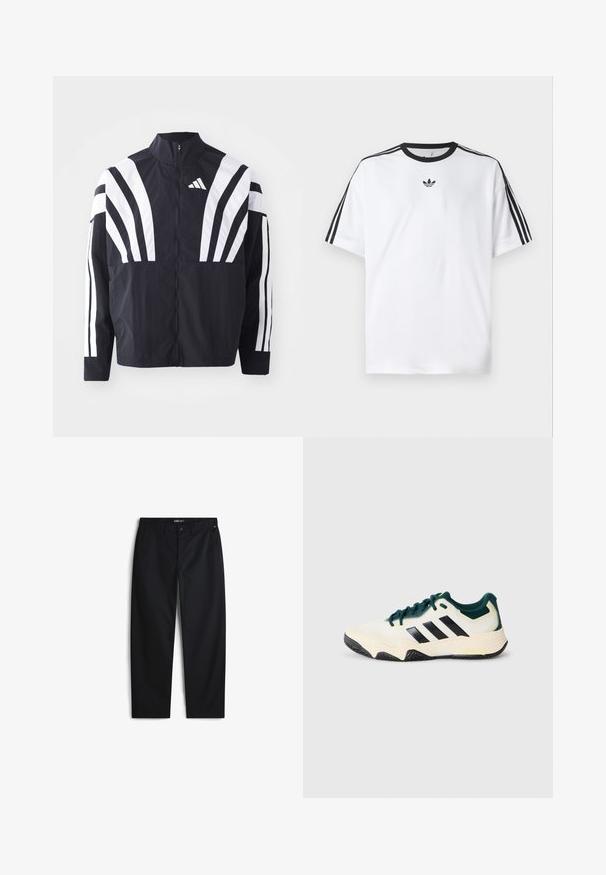 Zwarte jasje met een hoge kraag, volledige rits en gedurfde witte diagonale strepen op de mouwen. Gemaakt van lichtgewicht stof met een gladde textuur.; Witte T-shirt van katoen, met een zwarte ronde halslijn en drie zwarte strepen op elke schouder. Klein zwart logo op de borst.; Zwarte broek van een katoenmix, met een recht model, zijzakken en een knoopsluiting. Geen zichtbare patronen of logo's.; Wit en donkergroen sport sneaker met zwarte strepen, gestructureerde zool en vetersluiting op een effen lichtgrijze achtergrond.