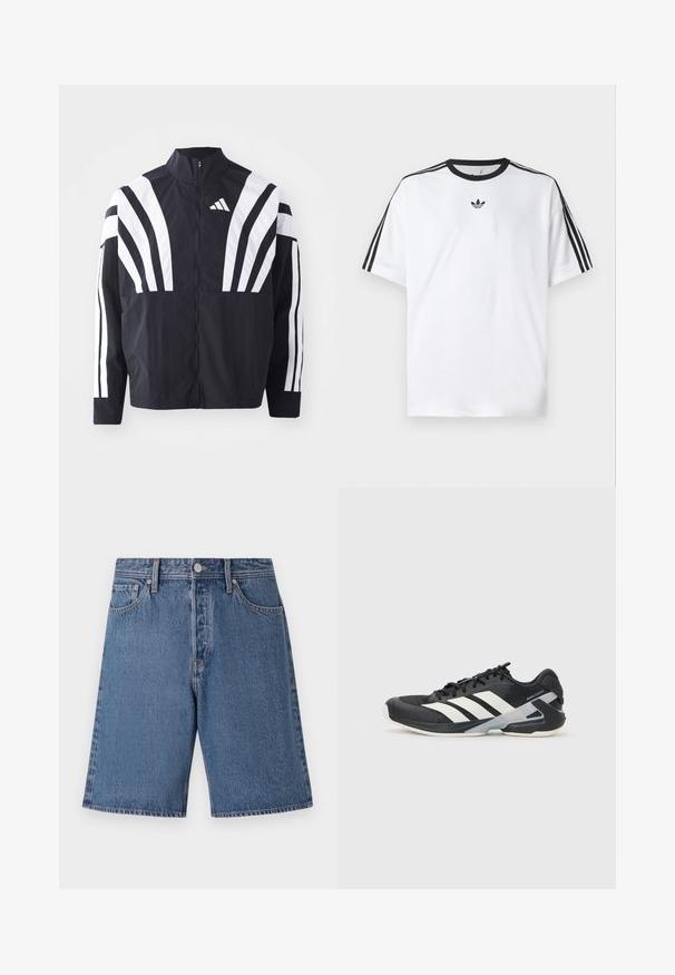Svart jakke med høy krage, hel glidelås og markante hvite skråstriper på ermene. Laget av lett stoff med en glatt tekstur.; Hvit T-skjorte laget av bomull, med svart rund hals og tre svarte striper på hver skulder. Liten svart logo på brystet.; Lys blå denimshorts med en falmet tekstur, fem-lomme design og en knappelukking ved midjen.; Svart treningssko med hvite striper, mesh-overdel, avrundet tå og polstret såle. Har en teksturert hæl og et sikkert snøresystem.