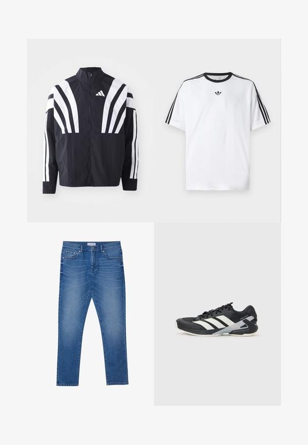 Casaco preto com colarinho alto, fecho completo e listras diagonais brancas em bold nas mangas. Feito de um tecido leve com uma textura suave.; Camiseta branca em algodão, com gola redonda preta e três riscas pretas em cada ombro. Pequeno logótipo preto no peito.; Jeans de denim azul com um design de perna reta, apresentando bolsos frontais, costuras acolchoadas e um fecho clássico com botão.; Sapata atlética preta com riscas brancas, parte superior em malha, biqueira arredondada e sola acolchoada. Apresenta um calcanhar texturizado e um sistema de atacadores seguro.