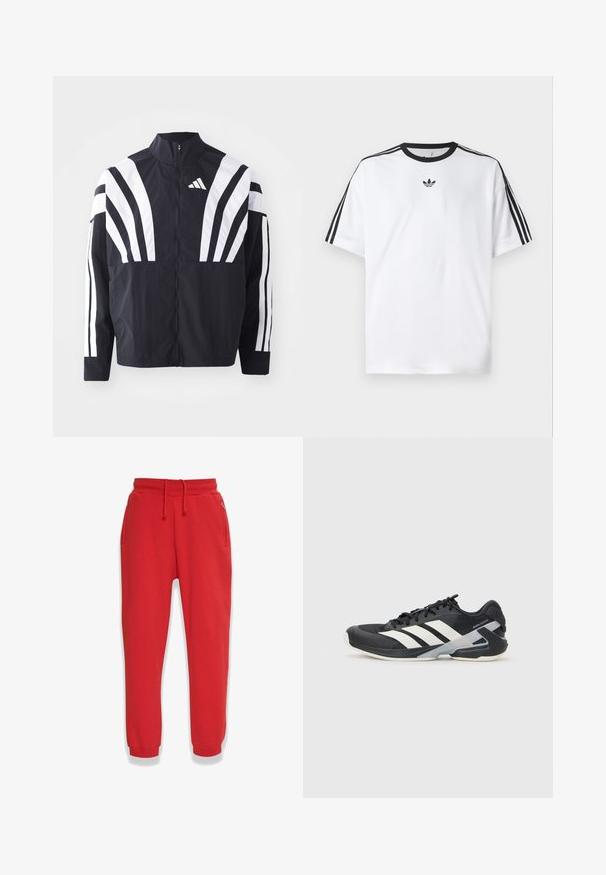 Schwarze Jacke mit hohem Kragen, durchgehendem Reißverschluss und kräftigen weißen diagonalen Streifen an den Ärmeln. Aus leichtem Stoff mit glatter Textur gefertigt.; Weißes T-Shirt aus Baumwolle mit einem schwarzen, runden Halsausschnitt und drei schwarzen Streifen auf jeder Schulter. Kleines schwarzes Logo auf der Brust.; Rote Sweatpants aus weichem Stoff, mit einem elastischen Bund und Zugband, seitlichen Taschen und schmal zulaufenden Beinen.; Schwarzer Sportschuh mit weißen Streifen, Obermaterial aus Mesh, runde Zehenform und gepolstertem Sohlenteil. Verfügt über eine strukturierte Ferse und ein sicheres Schnürsystem.