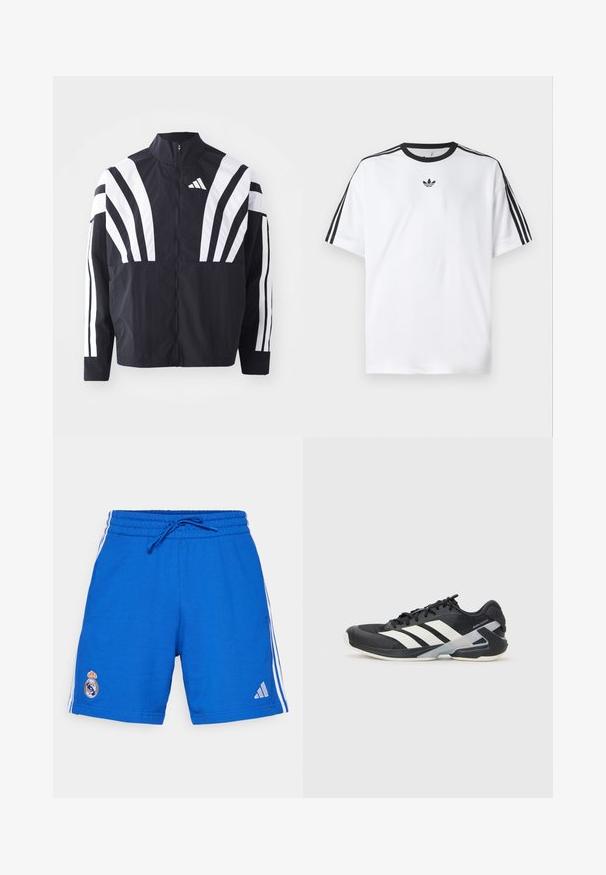 Mustrün mustaga, kõrge krae, täispikk tõmblukk ja julged valged diagonaalsed triibud varrukatel. Valmistatud kergest kangast, millel on sile tekstuur.; Valge puuvillane T-särk, millel on must ümmargune kaelus ja kolm musta triipu igal õlal. Rinnal väike must logo.; adidas Performance REAL MADRID DNAWAY SHORTS - Klubiriided - collegiate royal; Mustad sportlik jalanõud mustade värvidega, valgete triipudega, võrgusilma pealmine osa, ümar varvas ja pehme tallaga. Omab tekstureeritud kontsa ja kindlat paeltesüsteemi.