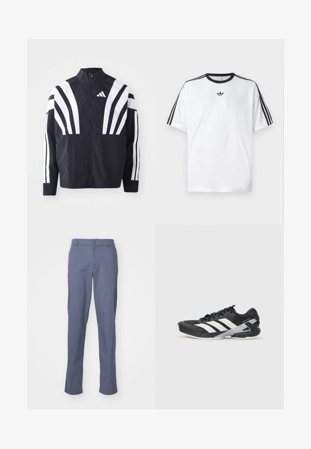 Melna jakas ar augstu apkakli, pilnu rāvējslēdzēju un drosmīgām baltām diagonālām svītrām uz piedurknēm. Izgatavota no viegla auduma ar gludu tekstūru.; Baltā T-krekla izgatavots no kokvilnas, ar melnu apaļu kakla izgriezumu un trim melnām svītrām uz katra pleca. Mazs melns logo uz krūtīm.; Zili taisni bikses iz viegla auduma ar gludu tekstūru, ar priekšējām kabatām un pogu aizdari jostasvietā.; Melnas sporta kurpes ar baltām svītrām, acs augšdaļa, noapaļots pirksts un mīksts zole. Iespējams ar teksturētu papēdi un drošu šņoru sistēmu.