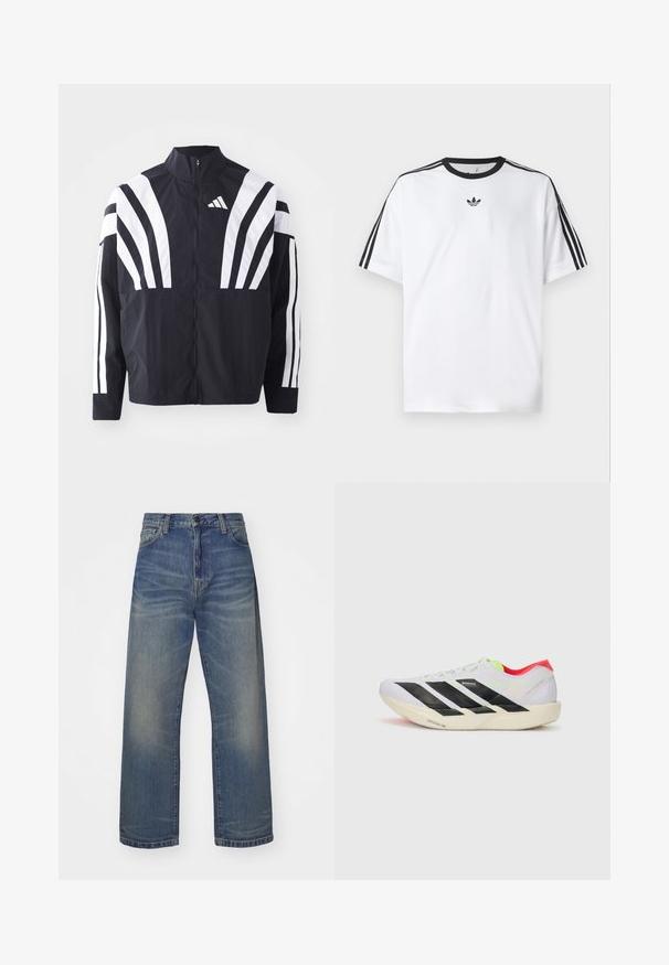 Casaco preto com colarinho alto, fecho completo e listras diagonais brancas em bold nas mangas. Feito de um tecido leve com uma textura suave.; Camiseta branca em algodão, com gola redonda preta e três riscas pretas em cada ombro. Pequeno logótipo preto no peito.; Calças jeans de ganga azuis com corte reto, cintura alta, cinco bolsos e um ligeiro desvanecimento no tecido. Design clássico com fecho de botão e zíper.; Sapatilha de corrida branca com riscas pretas, detalhes em verde neón e um calcanhar vermelho. Apresenta um design leve e uma sola texturizada para melhor aderência.