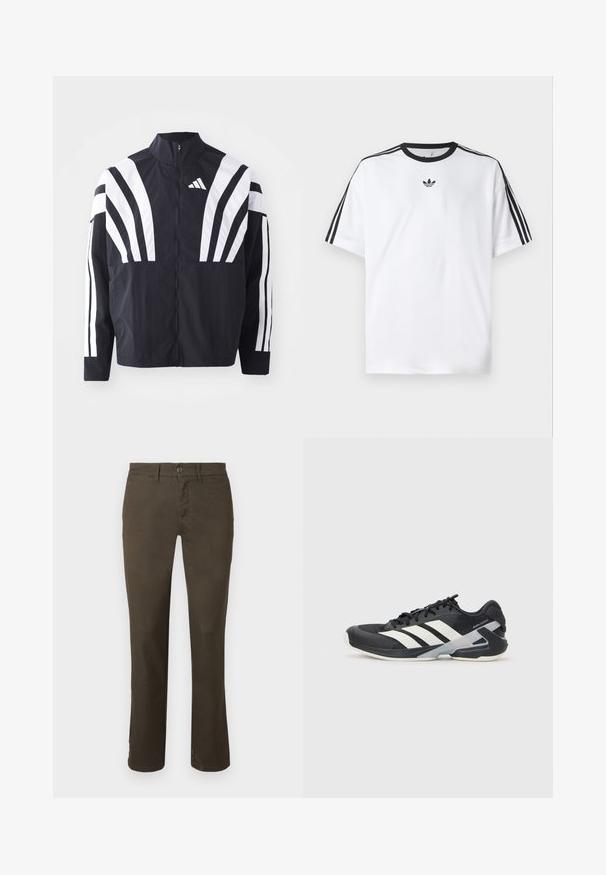Črna jakna z visokim ovratnikom, popolnim zadrgo in boldnimi belimi diagonalnimi črtami na rokavih. Narejena iz lahkega materiala z gladko teksturo.; Bela majica iz bombaža z črnimi okroglimi izrezi in tremi črnimi črtami na vsakem ramu. Majhen črn logotip na prsih.; Temno rjave hlače iz bombažnega blaga. Imajo gumbno zapiranje, ravno nogavico in subtilno teksturo brez vidnih vzorcev ali okrasnih elementov.; Črne atletske čevlje z belimi črtami, mrežastim zgornjim delom, zaobljenim nosom in blaženim podplatom. Imajo teksturiran petni del in varen sistem vezalk.