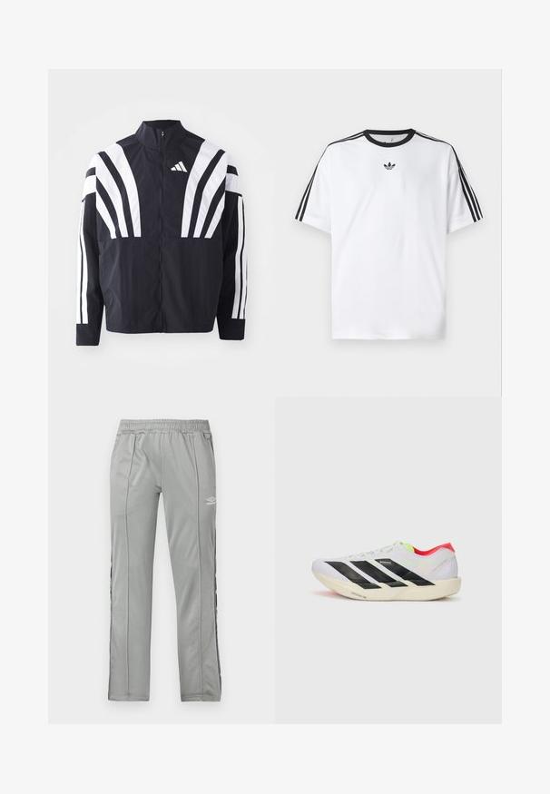 Schwarze Jacke mit hohem Kragen, durchgehendem Reißverschluss und kräftigen weißen diagonalen Streifen an den Ärmeln. Aus leichtem Stoff mit glatter Textur gefertigt.; Weißes T-Shirt aus Baumwolle mit einem schwarzen, runden Halsausschnitt und drei schwarzen Streifen auf jeder Schulter. Kleines schwarzes Logo auf der Brust.; Hellgraue Umbro-Sporthose mit elastischem Bund und schwarz-weißen Seitenstreifen, präsentiert vor einem weißen Hintergrund.; Weißer Sportschuh mit schwarzen Streifen, neongrünen Akzenten und einer roten Ferse. Hat ein leichtes Design und eine strukturierte Sohle für besseren Grip.