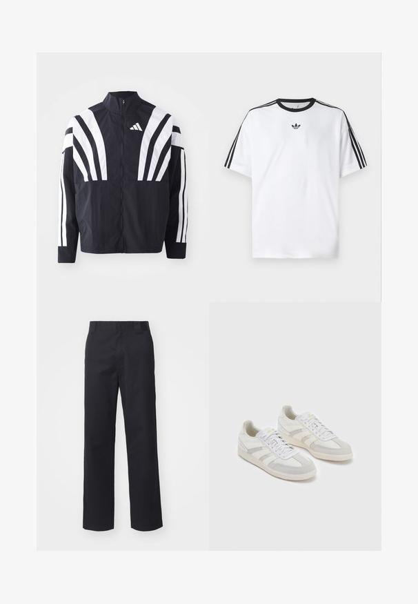 Black jacket featuring a high collar, full zip, and bold white diagonal stripes on sleeves. Made from lightweight fabric with a smooth texture.; White T-shirt made of cotton, featuring a black round neckline and three black stripes on each shoulder. Small black logo on the chest.; Black straight-leg pants made of cotton blend fabric. Features a flat front waistband with belt loops and no visible hardware or embellishments.; White sneakers with light grey suede accents and stripes, featuring a textured fabric upper, flat laces, and a rubber sole.