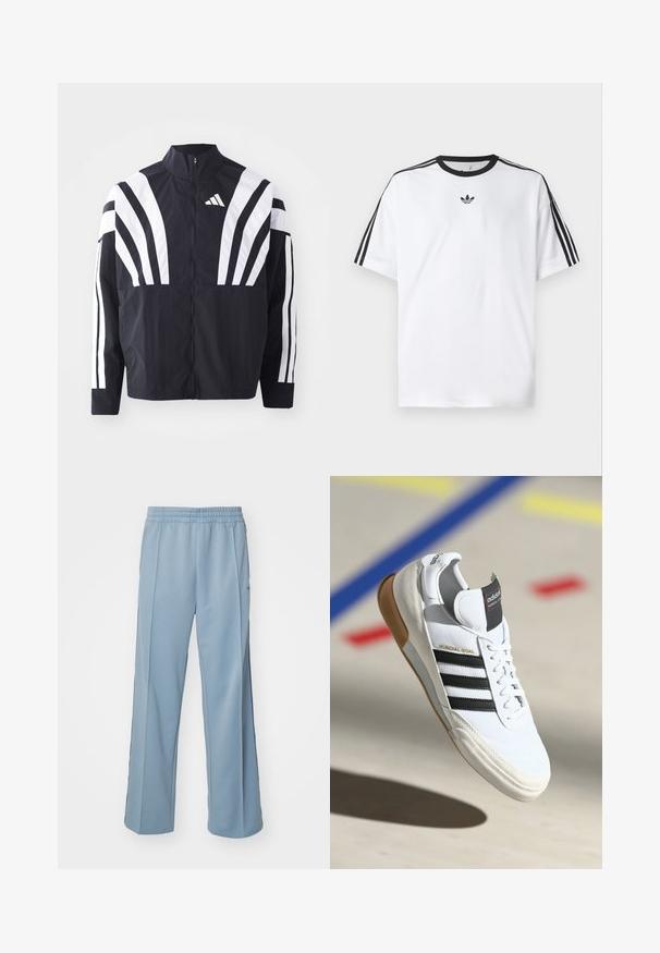 Black jacket featuring a high collar, full zip, and bold white diagonal stripes on sleeves. Made from lightweight fabric with a smooth texture.; White T-shirt made of cotton, featuring a black round neckline and three black stripes on each shoulder. Small black logo on the chest.; Carhartt WIP BOLAN PANT - Tracksuit bottoms - dusty ice/positano; White Adidas Mundial Goal sneaker with black stripes and gum sole, shown mid-air over a sports court floor with colored lines.