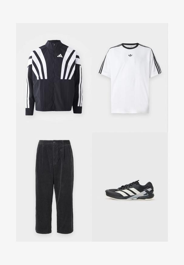 Melna jakas ar augstu apkakli, pilnu rāvējslēdzēju un drosmīgām baltām diagonālām svītrām uz piedurknēm. Izgatavota no viegla auduma ar gludu tekstūru.; Baltā T-krekla izgatavots no kokvilnas, ar melnu apaļu kakla izgriezumu un trim melnām svītrām uz katra pleca. Mazs melns logo uz krūtīm.; Tumši pelēki korduroja bikses ar brīvu piegriezumu, ar pogu aizdari, krokām un īsu garumu, ar ribotu tekstūru.; Melnas sporta kurpes ar baltām svītrām, acs augšdaļa, noapaļots pirksts un mīksts zole. Iespējams ar teksturētu papēdi un drošu šņoru sistēmu.