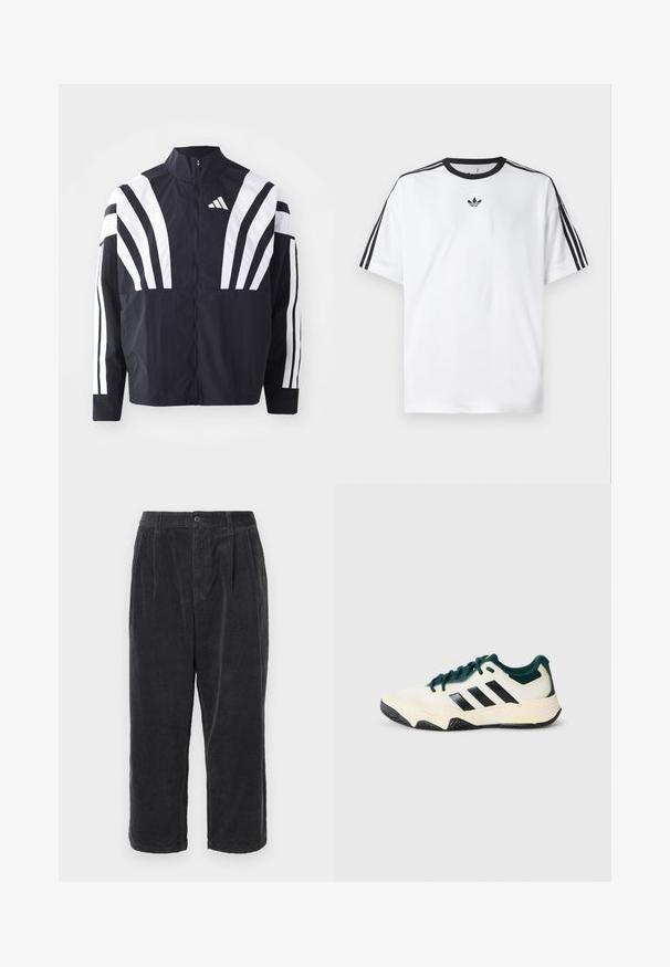 Schwarze Jacke mit hohem Kragen, durchgehendem Reißverschluss und kräftigen weißen diagonalen Streifen an den Ärmeln. Aus leichtem Stoff mit glatter Textur gefertigt.; Weißes T-Shirt aus Baumwolle mit einem schwarzen, runden Halsausschnitt und drei schwarzen Streifen auf jeder Schulter. Kleines schwarzes Logo auf der Brust.; Dunkelgraue Cordhose mit lockerer Passform, Knopfverschluss, Falten und verkürzter Länge, die eine gerippte Textur aufweist.; Weiße und dunkelgrüne Sportsneaker mit schwarzen Streifen, strukturierten Sohlen und Schnürung vor einem einfarbigen hellgrauen Hintergrund.