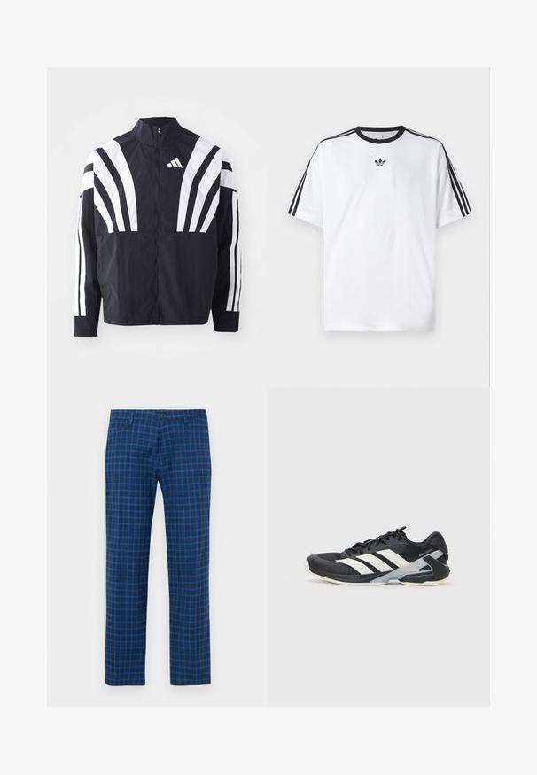 Casaco preto com colarinho alto, fecho completo e listras diagonais brancas em bold nas mangas. Feito de um tecido leve com uma textura suave.; Camiseta branca em algodão, com gola redonda preta e três riscas pretas em cada ombro. Pequeno logótipo preto no peito.; Calças xadrez azuis, com uma base azul escura e um padrão de grelha azul brilhante, design de perna reta, bolsos frontais e fecho de botão.; Sapata atlética preta com riscas brancas, parte superior em malha, biqueira arredondada e sola acolchoada. Apresenta um calcanhar texturizado e um sistema de atacadores seguro.