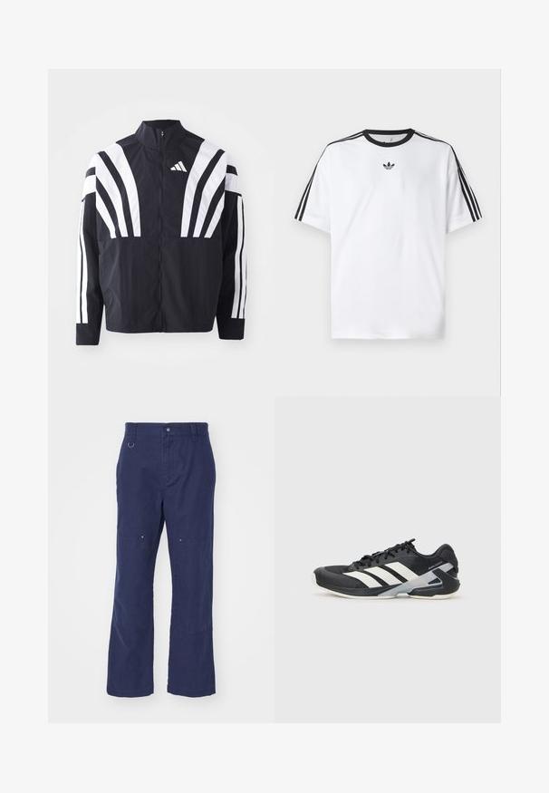 Casaco preto com colarinho alto, fecho completo e listras diagonais brancas em bold nas mangas. Feito de um tecido leve com uma textura suave.; Camiseta branca em algodão, com gola redonda preta e três riscas pretas em cada ombro. Pequeno logótipo preto no peito.; Calças de algodão azul-marinho com um design de perna reta, apresentando bolsos laterais, fecho de botão e um detalhe em anel metálico na cintura.; Sapata atlética preta com riscas brancas, parte superior em malha, biqueira arredondada e sola acolchoada. Apresenta um calcanhar texturizado e um sistema de atacadores seguro.