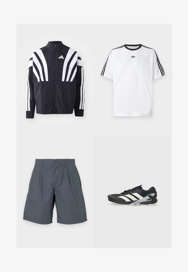 Črna jakna z visokim ovratnikom, popolnim zadrgo in boldnimi belimi diagonalnimi črtami na rokavih. Narejena iz lahkega materiala z gladko teksturo.; Bela majica iz bombaža z črnimi okroglimi izrezi in tremi črnimi črtami na vsakem ramu. Majhen črn logotip na prsih.; Sive hlače iz lahkega blaga, ki imajo sprednje zapiranje na gumb, dve stranski žepi in ravno krojen dizajn.; Črne atletske čevlje z belimi črtami, mrežastim zgornjim delom, zaobljenim nosom in blaženim podplatom. Imajo teksturiran petni del in varen sistem vezalk.