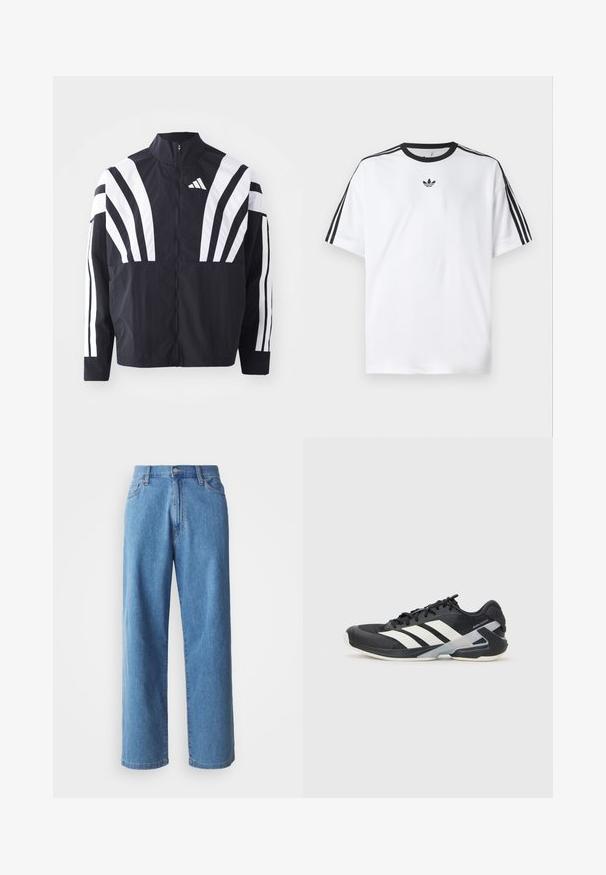 Črna jakna z visokim ovratnikom, popolnim zadrgo in boldnimi belimi diagonalnimi črtami na rokavih. Narejena iz lahkega materiala z gladko teksturo.; Bela majica iz bombaža z črnimi okroglimi izrezi in tremi črnimi črtami na vsakem ramu. Majhen črn logotip na prsih.; Svijetloplave traper hlače širokih nogavica s visokim strukom, pet džepova i kopčanjem na dugme. Glatka tekstura s minimalnim izbljeđivanjem.; Črne atletske čevlje z belimi črtami, mrežastim zgornjim delom, zaobljenim nosom in blaženim podplatom. Imajo teksturiran petni del in varen sistem vezalk.