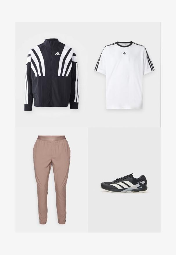 Mustat takki, jossa on korkea kaulus, täysivetoketju ja erittäin näkyvät valkoiset vinoraidat hihoissa. Valmistettu keveästä kankaasta, jolla on sileä rakenne.; Valkoinen t-paita, joka on valmistettu puuvillasta, mustalla pyöreällä kaula-aukolla ja kolmella mustalla raidalla jokaisella olkapäällä. Pieni musta logo rinnassa.; Vaaleanpunaiset lenkkihousut, joissa on joustava vyötärö ja hihnat, valmistettu sileästä, kevyestä kankaasta. Sisältää sivutaskut ja huomaamatonta brändäystä.; Mustat urheilukengät valkoisilla raidoilla, verkkomateriaalia ylhäällä, pyöristetty kärki ja pehmustettu pohja. Varustettu teksturoidulla kantapäällä ja turvallisella nauhoitusjärjestelmällä.