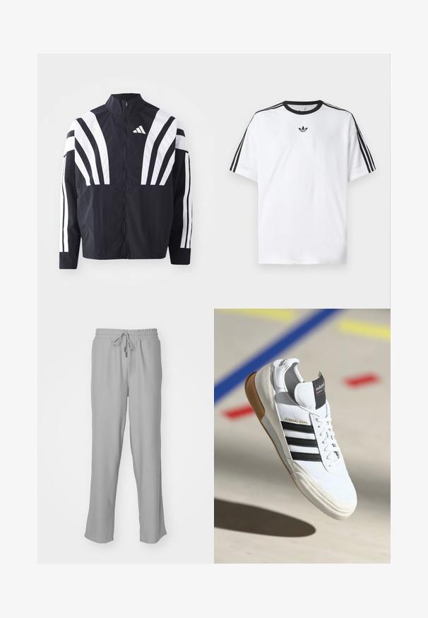 Sort jakke med højt krave, fuld lynlås og iøjnefaldende hvide diagonale striber på ærmerne. Lavet af letvægtsstof med en glat tekstur.; Hvid T-shirt lavet af bomuld, med en sort rund halsudskæring og tre sorte striber på hver skulder. Lille sort logo på brystet.; Grå ribbede joggerbukser med elastisk talje og justerbar snor. Har sidelommer og en afslappet pasform gennem benene.; Hvide Adidas Mundial Goal sneakers med sorte striber og gummisål, vist midt i luften over en sportsplads med farvede linjer.