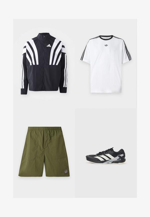 Juodas švarkas su aukštu kaklu, pilnu užtrauktuku ir ryškiomis baltomis įstrižomis juostelėmis ant rankovių. Pagamintas iš lengvos medžiagos su lygiu paviršiumi.; Balta medvilninė marškinėlių su juodu apvali kaklu, ant kiekvieno peties iš trijų juodų juostelių. Mažas juodas logotipas ant krūtinės.; Žalios nailono šortai su elastiniu liemeniu, dviem šoninėmis kišenėmis ir pleistru su užrašu „GAP“ balta spalva tamsiai pilkame fone.; Juoda sportinė avalynė su baltais dryžiais, tinklinis viršus, apvalus pirštas ir paminkštinta padais. Yra tekstūruota kulno dalis ir saugi raištelių sistema.