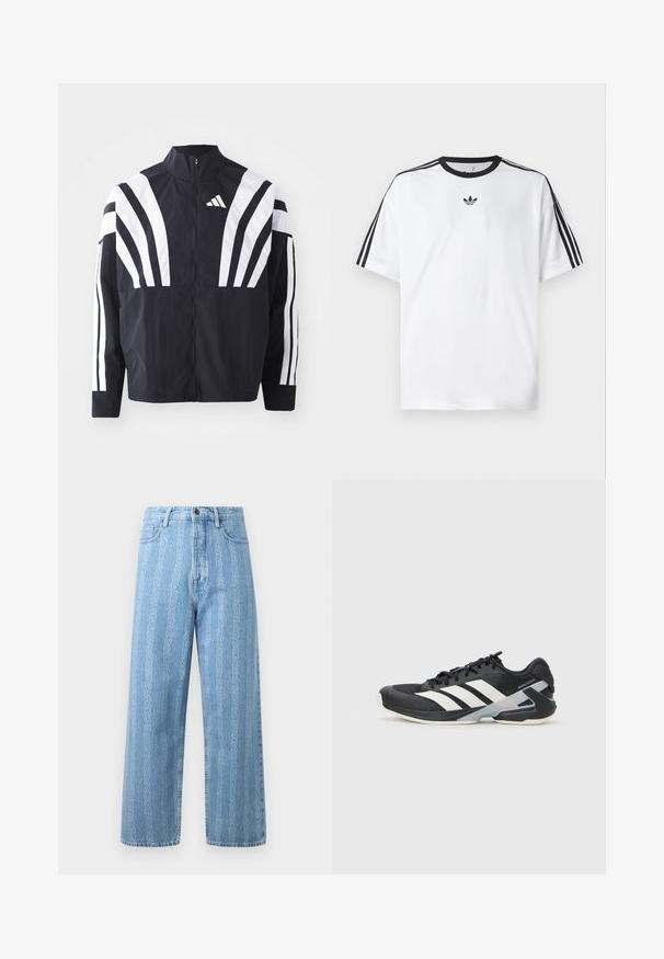 Zwarte jasje met een hoge kraag, volledige rits en gedurfde witte diagonale strepen op de mouwen. Gemaakt van lichtgewicht stof met een gladde textuur.; Witte T-shirt van katoen, met een zwarte ronde halslijn en drie zwarte strepen op elke schouder. Klein zwart logo op de borst.; Lichtblauwe denim jeans met een wijd uitlopende pasvorm, voorzien van een herhalend kettingpatroon. Klassieke vijf-pocketstijl en metalen knoopdetail.; Zwarte sportschoen met witte strepen, bovenwerk van mesh, ronde neus en geveerde zool. Heeft een getextureerde hak en een veilig vetersysteem.