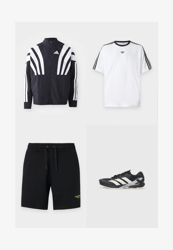 Svart jakke med høy krage, hel glidelås og markante hvite skråstriper på ermene. Laget av lett stoff med en glatt tekstur.; Hvit T-skjorte laget av bomull, med svart rund hals og tre svarte striper på hver skulder. Liten svart logo på brystet.; Svarte shorts laget av bomull med elastisk midje, snor og gult tekstdetalj på venstre underdel.; Svart treningssko med hvite striper, mesh-overdel, avrundet tå og polstret såle. Har en teksturert hæl og et sikkert snøresystem.