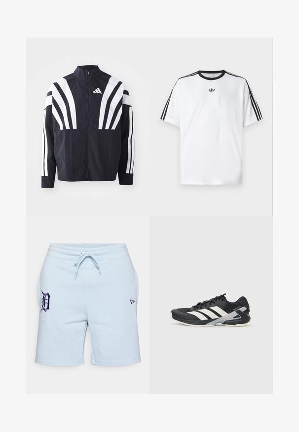 Svart jakke med høy krage, hel glidelås og markante hvite skråstriper på ermene. Laget av lett stoff med en glatt tekstur.; Hvit T-skjorte laget av bomull, med svart rund hals og tre svarte striper på hver skulder. Liten svart logo på brystet.; Lys blå bomullsshorts med elastisk midje og snøring, samt en brodert mørk lilla "D"-logo på venstre lår.; Svart treningssko med hvite striper, mesh-overdel, avrundet tå og polstret såle. Har en teksturert hæl og et sikkert snøresystem.