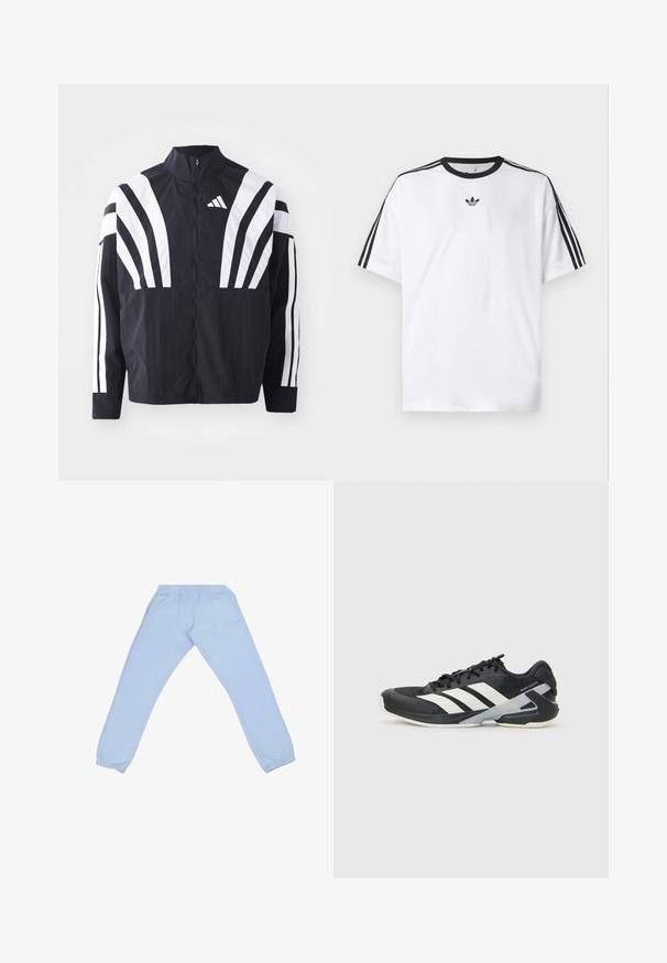 Črna jakna z visokim ovratnikom, popolnim zadrgo in boldnimi belimi diagonalnimi črtami na rokavih. Narejena iz lahkega materiala z gladko teksturo.; Bela majica iz bombaža z črnimi okroglimi izrezi in tremi črnimi črtami na vsakem ramu. Majhen črn logotip na prsih.; Svetlo modri trenirki narejeni iz mehkega materiala, ki imata elastičen pas, ozke hlačnice in subtilen logotip na strani.; Črne atletske čevlje z belimi črtami, mrežastim zgornjim delom, zaobljenim nosom in blaženim podplatom. Imajo teksturiran petni del in varen sistem vezalk.