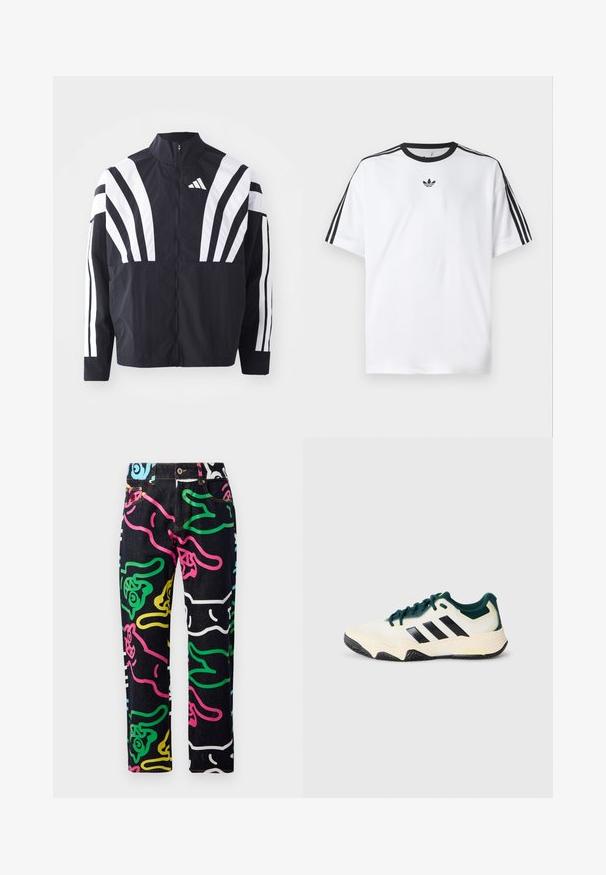 Črna jakna z visokim ovratnikom, popolnim zadrgo in boldnimi belimi diagonalnimi črtami na rokavih. Narejena iz lahkega materiala z gladko teksturo.; Bela majica iz bombaža z črnimi okroglimi izrezi in tremi črnimi črtami na vsakem ramu. Majhen črn logotip na prsih.; Denimske hlače z black osnovo in barvnimi abstraktnimi vzorčki v roza, zeleni, modri, rumeni in beli barvi. Standardna zasnova s petimi žepi.; Beli in temno zeleni športni copat z črnimi črtami, teksturirano podplatom in vezanjem spredaj na enobarvni svetlo sivi podlagi.